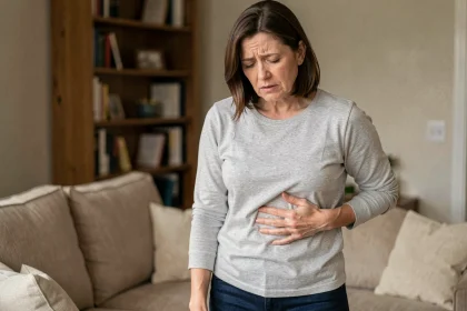 Femme adulte tenant son côté droit sous les côtes avec une expression de douleur légère, illustrant une douleur abdominale haute droite