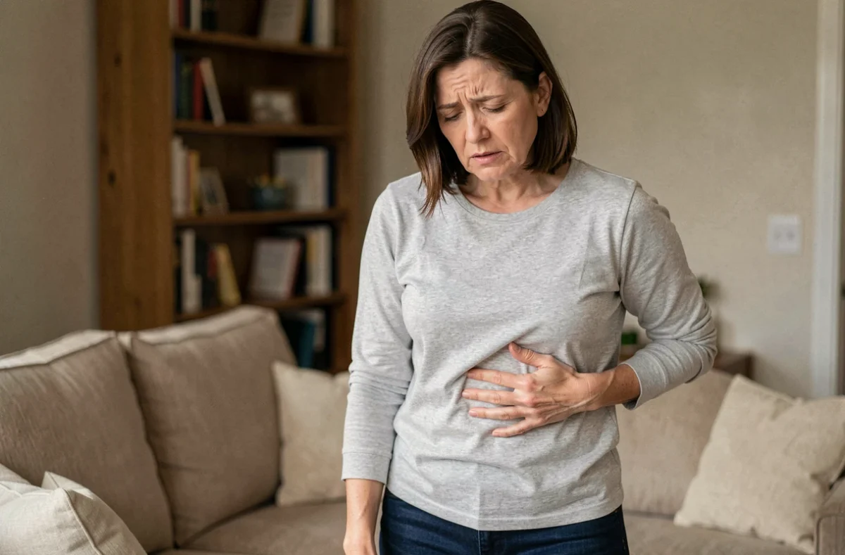 Femme adulte tenant son côté droit sous les côtes avec une expression de douleur légère, illustrant une douleur abdominale haute droite