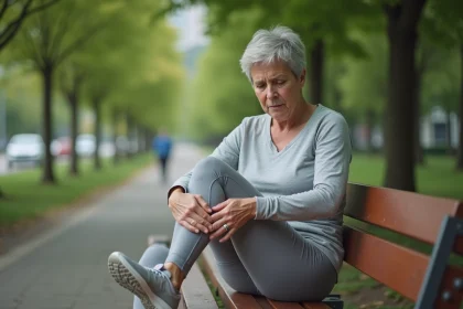 Femme tenant le côté extérieur de son pied douloureux assise sur un banc de parc