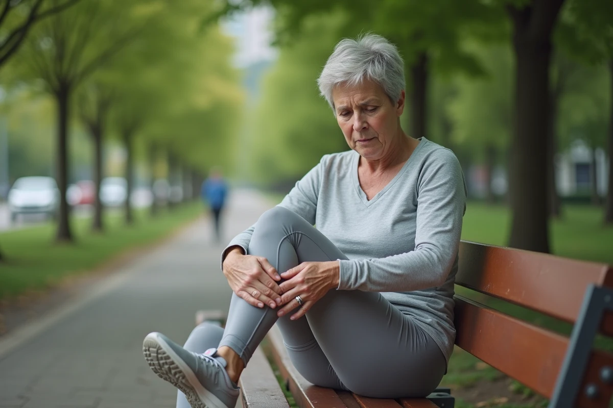 Femme tenant le côté extérieur de son pied douloureux assise sur un banc de parc