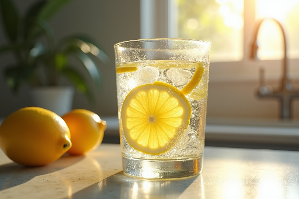 Verre d'eau citronnee sur un plan de travail en cuisine