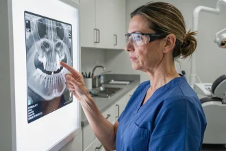 Endodontiste femme examinant des radiographies dentaires dans un cabinet spécialisé avant une dévitalisation