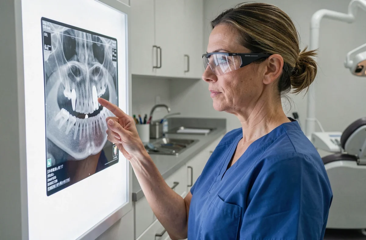 Endodontiste femme examinant des radiographies dentaires dans un cabinet spécialisé avant une dévitalisation