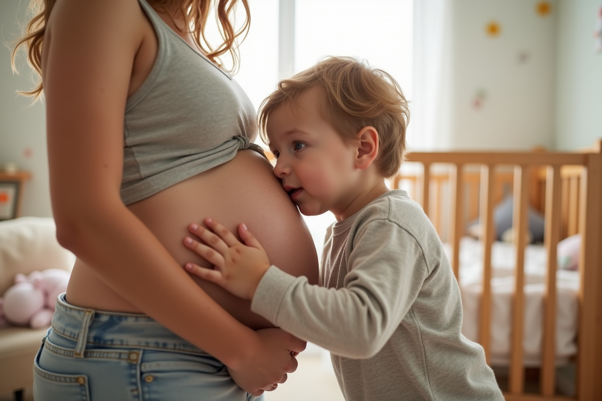 Enfant curieux écoutant le ventre de sa mère
