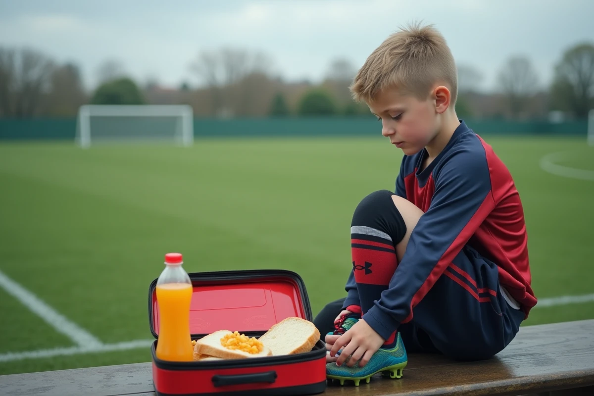 Jeune footballeur avec une collation déséquilibrée après l'entraînement, illustrant les erreurs alimentaires liées à la maladie de Sever