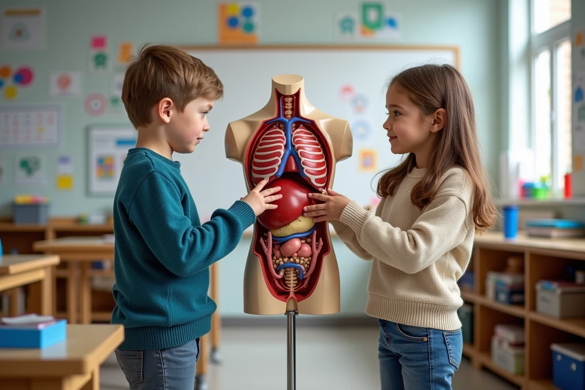 Deux enfants &eacute;tudient un mannequin anatomique en classe