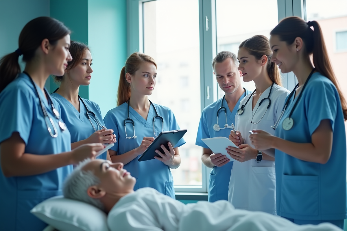Groupe d'infirmiers et médecins autour d'un patient en discussion