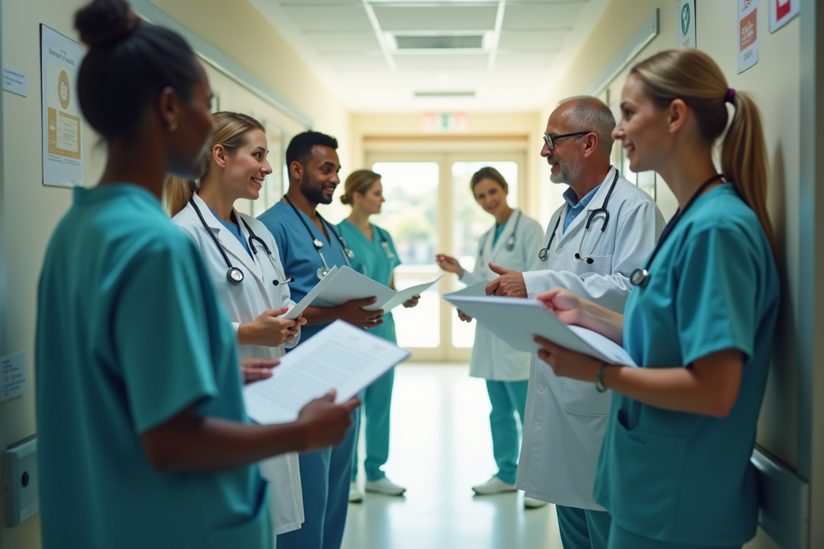 Infirmière et médecins en réunion dans un couloir lumineux
