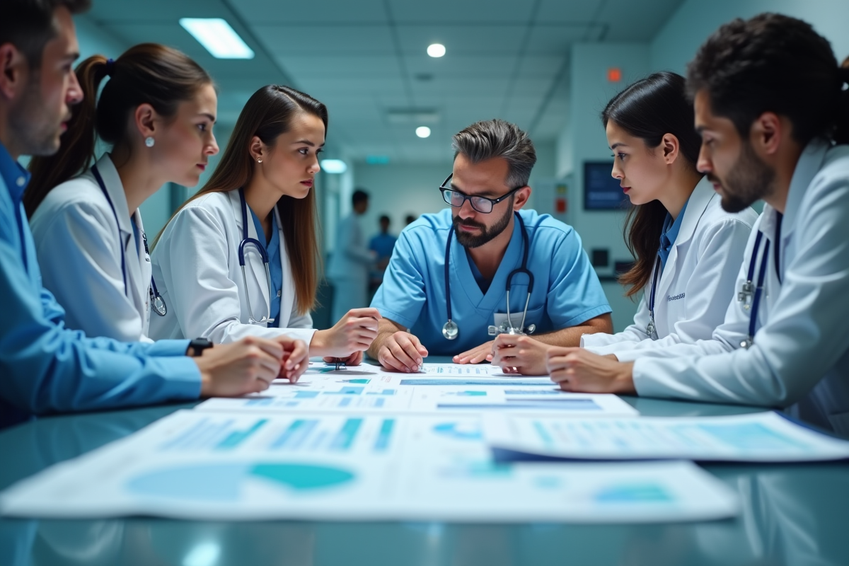 Professionnels de santé en réunion autour d'un rapport médical