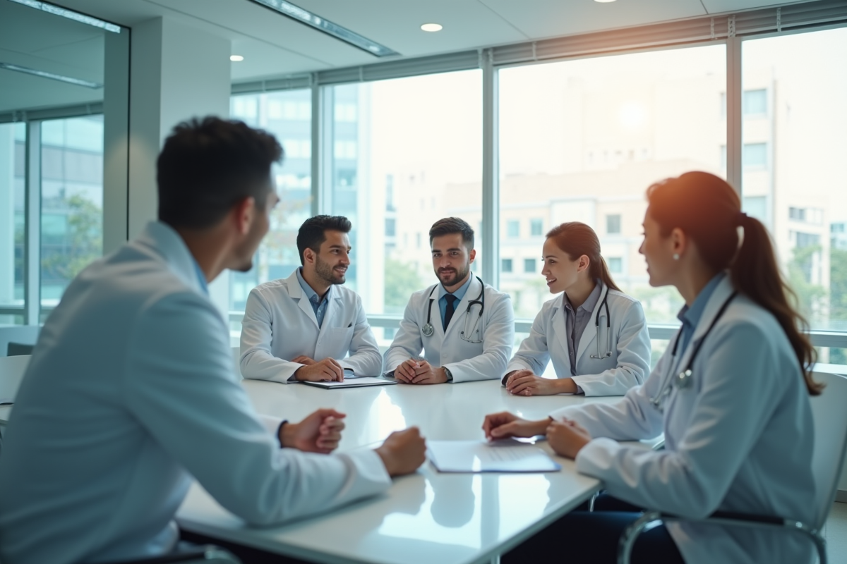 Groupe de médecins discutant dans une salle moderne d'hôpital