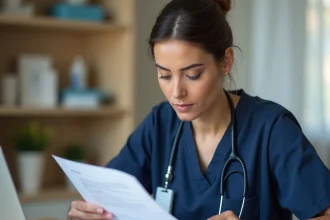 Ergothérapeute femme consultant ses documents de salaire dans un bureau de clinique de rééducation