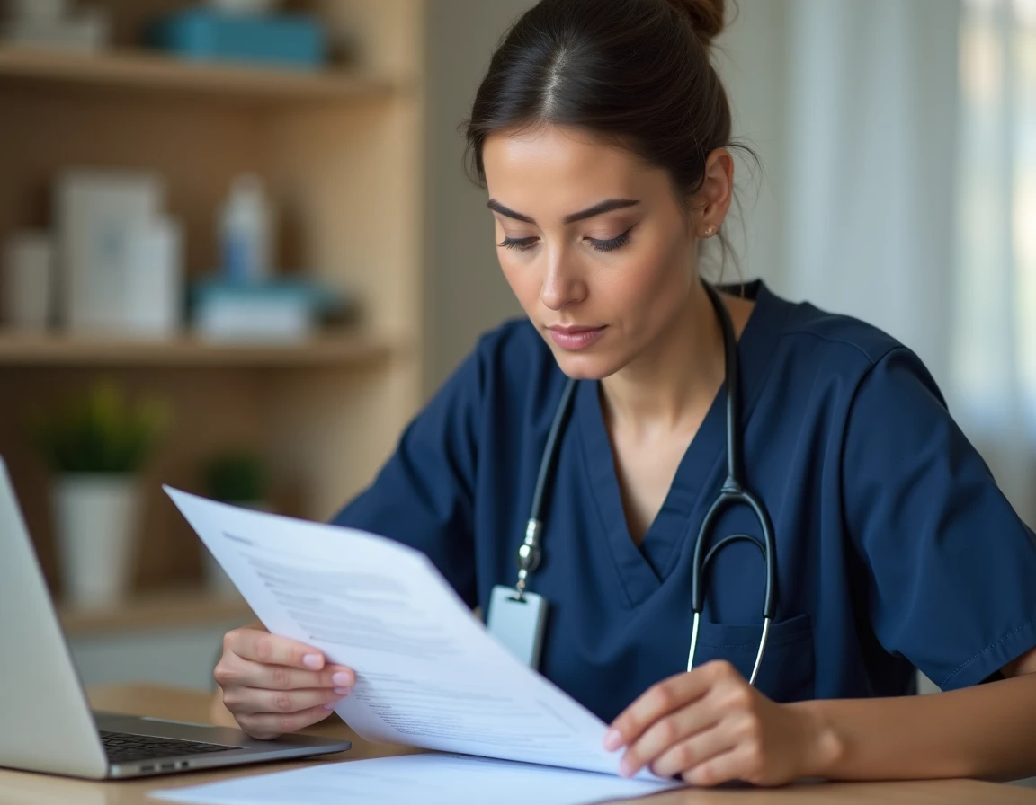 Ergothérapeute femme consultant ses documents de salaire dans un bureau de clinique de rééducation