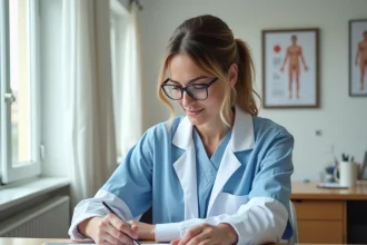 Ergothérapeute à Paris consultant des documents sur les salaires dans une clinique de rééducation moderne