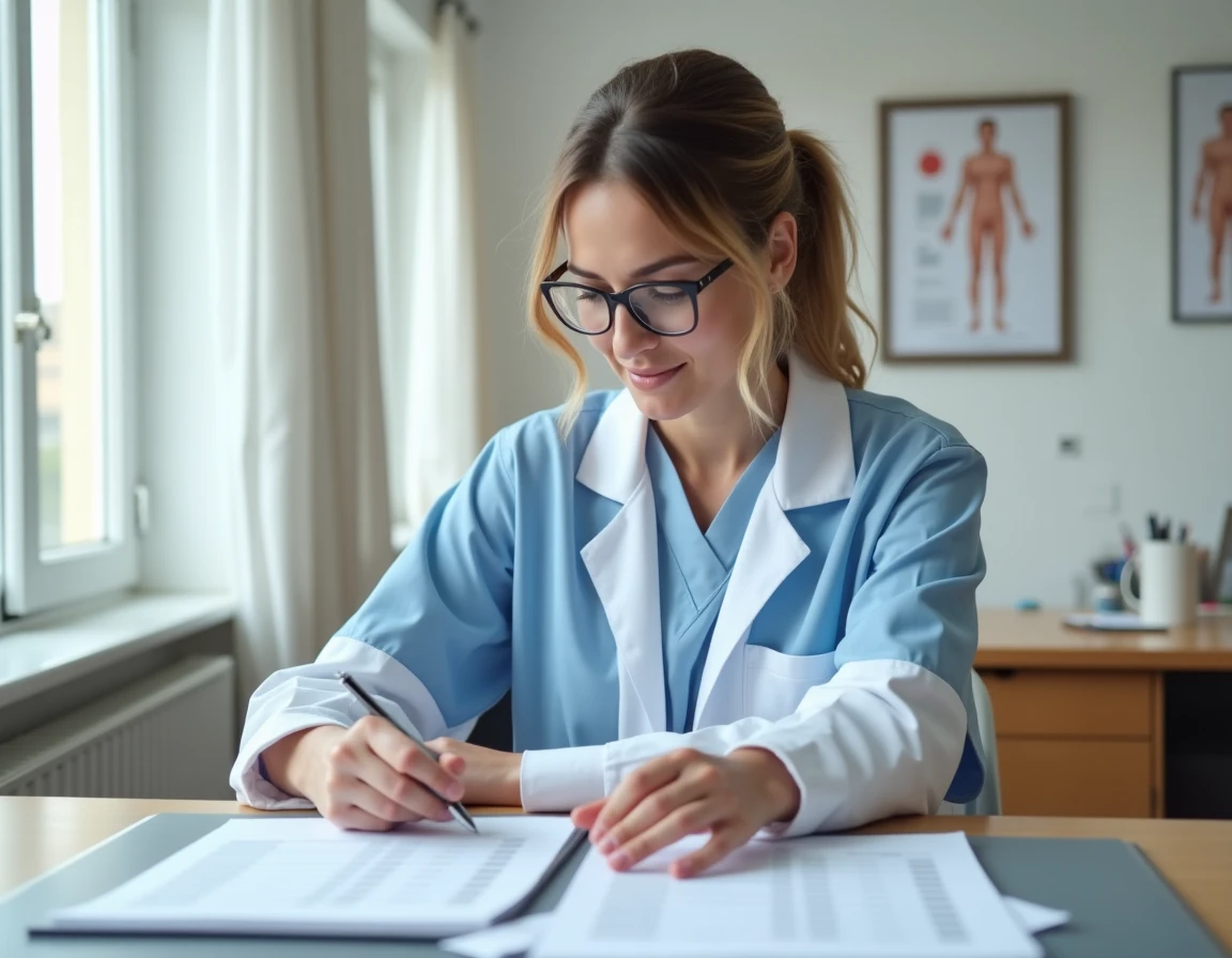 Ergothérapeute à Paris consultant des documents sur les salaires dans une clinique de rééducation moderne