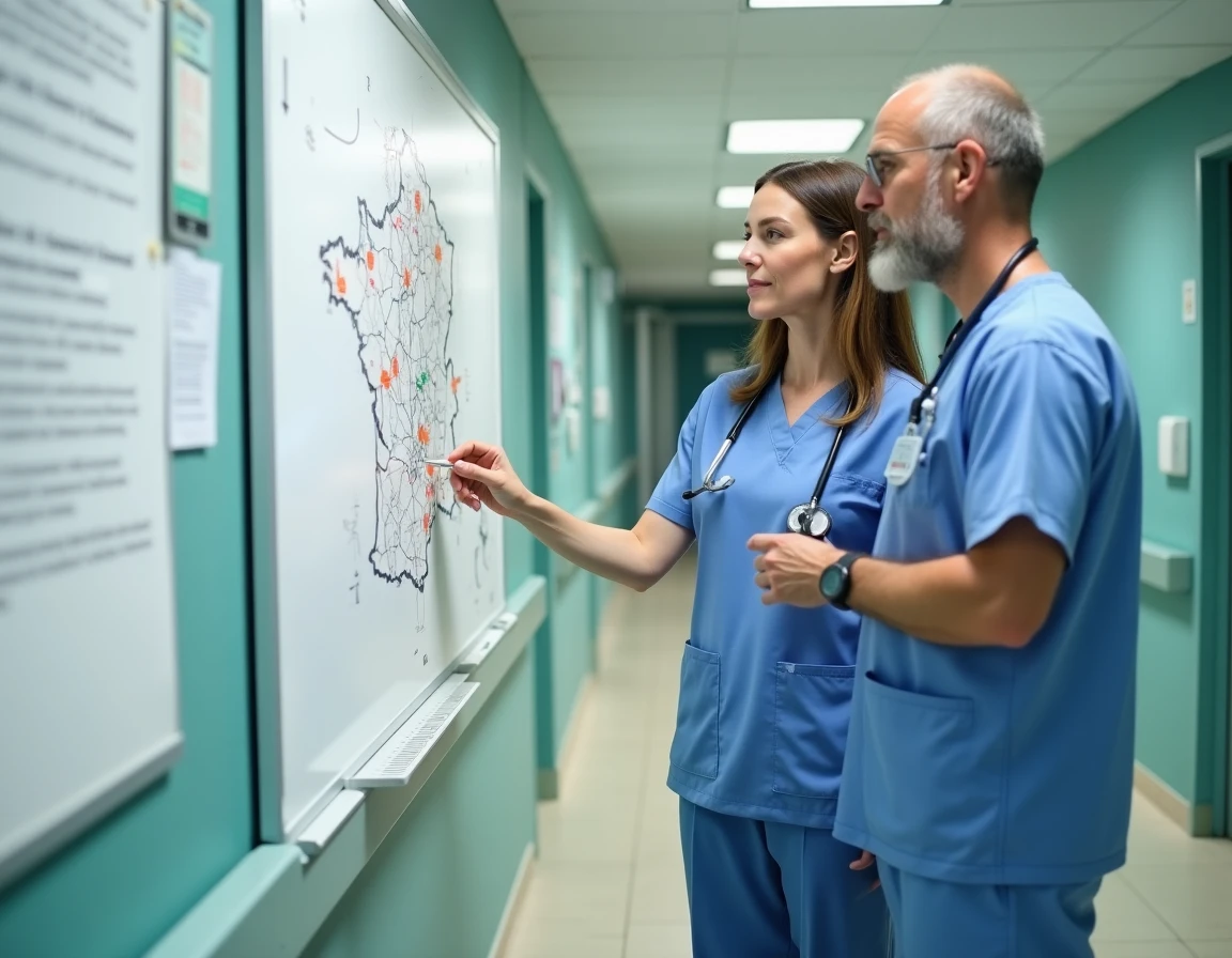 Deux ergothérapeutes discutant des disparités salariales régionales devant un tableau blanc dans un couloir d'hôpital français