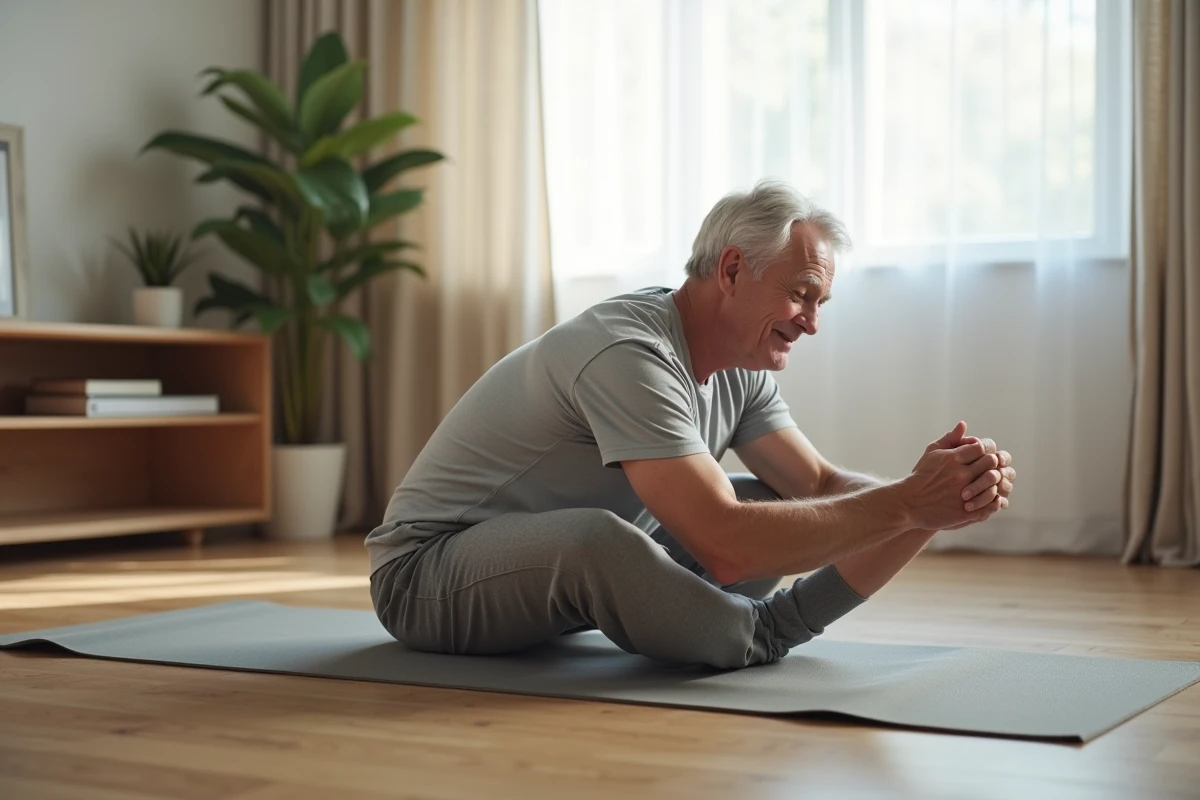 Homme senior faisant des étirements au sol pour soulager naturellement la douleur de la sciatique sans médicaments