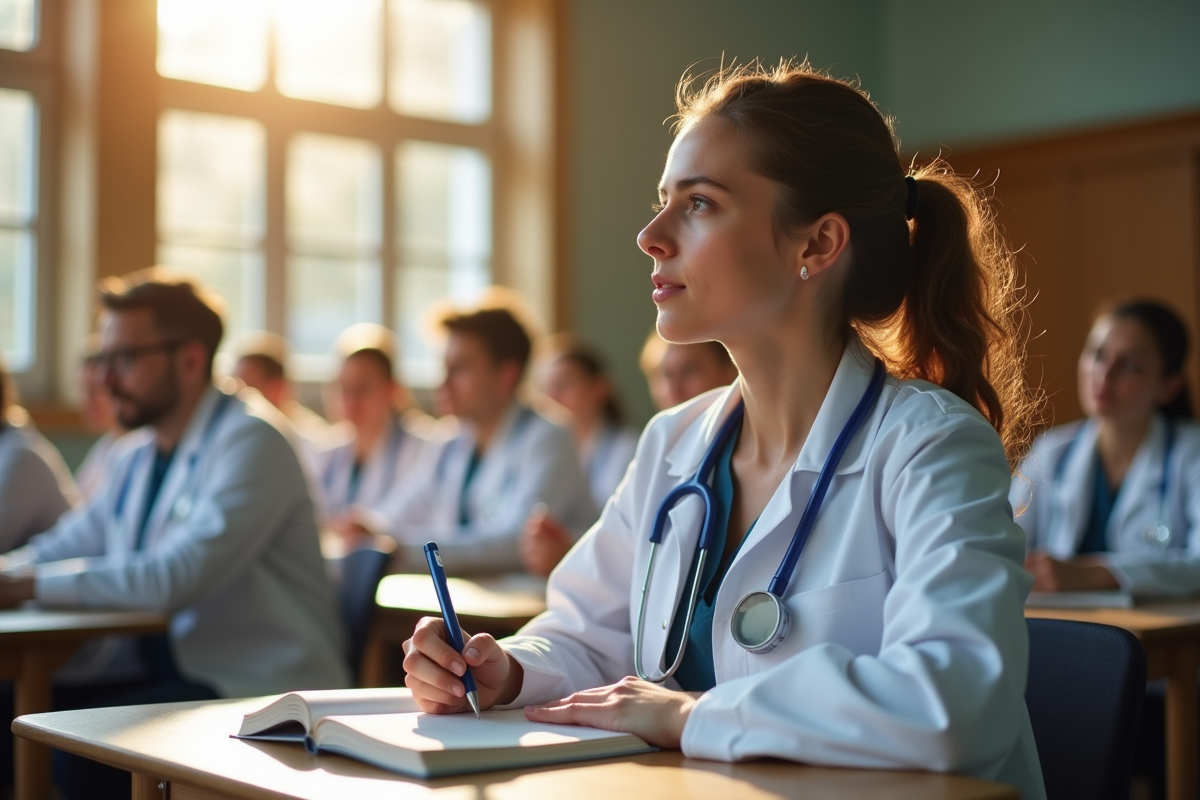 Étudiant en médecine prenant des notes dans une salle lumineuse