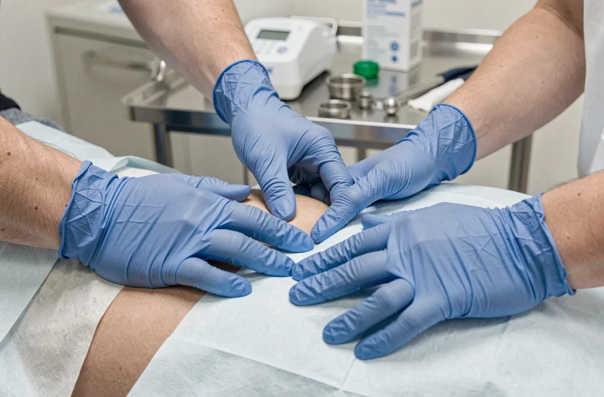 Professionnel de santé examinant la zone inguinale d'un patient pour détecter des ganglions lymphatiques enflés