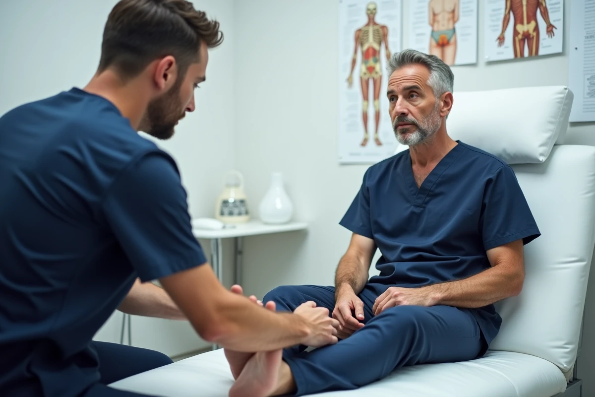Kinésithérapeute examinant la douleur latérale du pied d'un patient en cabinet médical