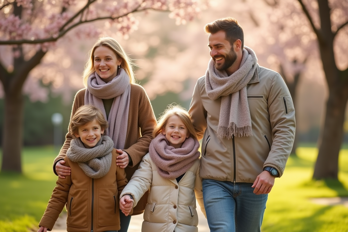 Famille profitant d une promenade printaniere dans un parc