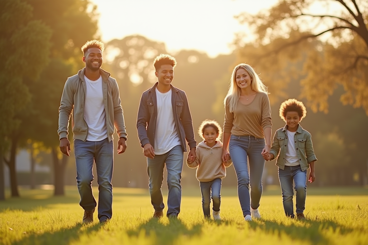 Famille diverse marchant dans un parc ensoleille avec bonheur