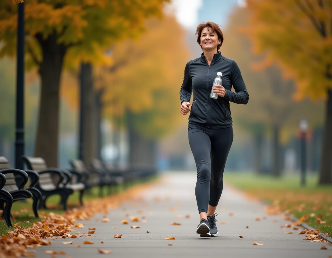 Femme active marchant dans un parc urbain apr&egrave;s la pose d'un stent, illustrant la vie quotidienne avec un stent