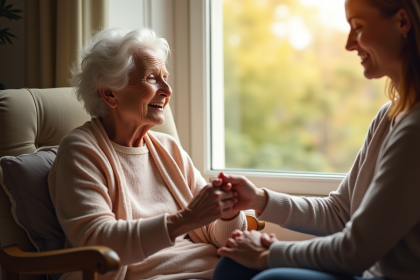 Femme agee souriante assise près d'une fenêtre lumineuse