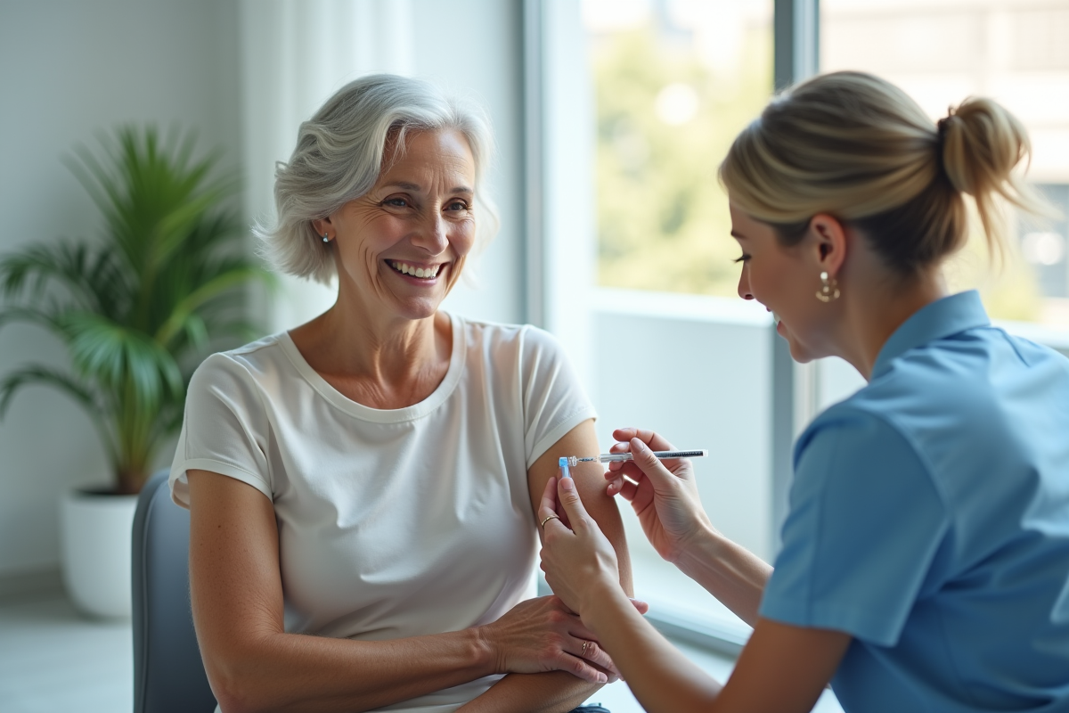 Femme agee souriante recevant un vaccin en clinique lumineuse