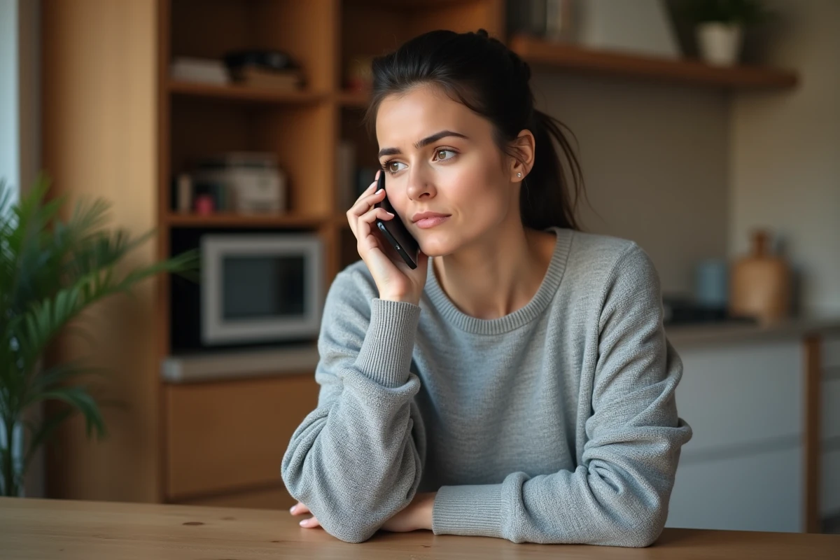 Femme appelant la CPAM depuis chez elle pour déclarer un arrêt de travail