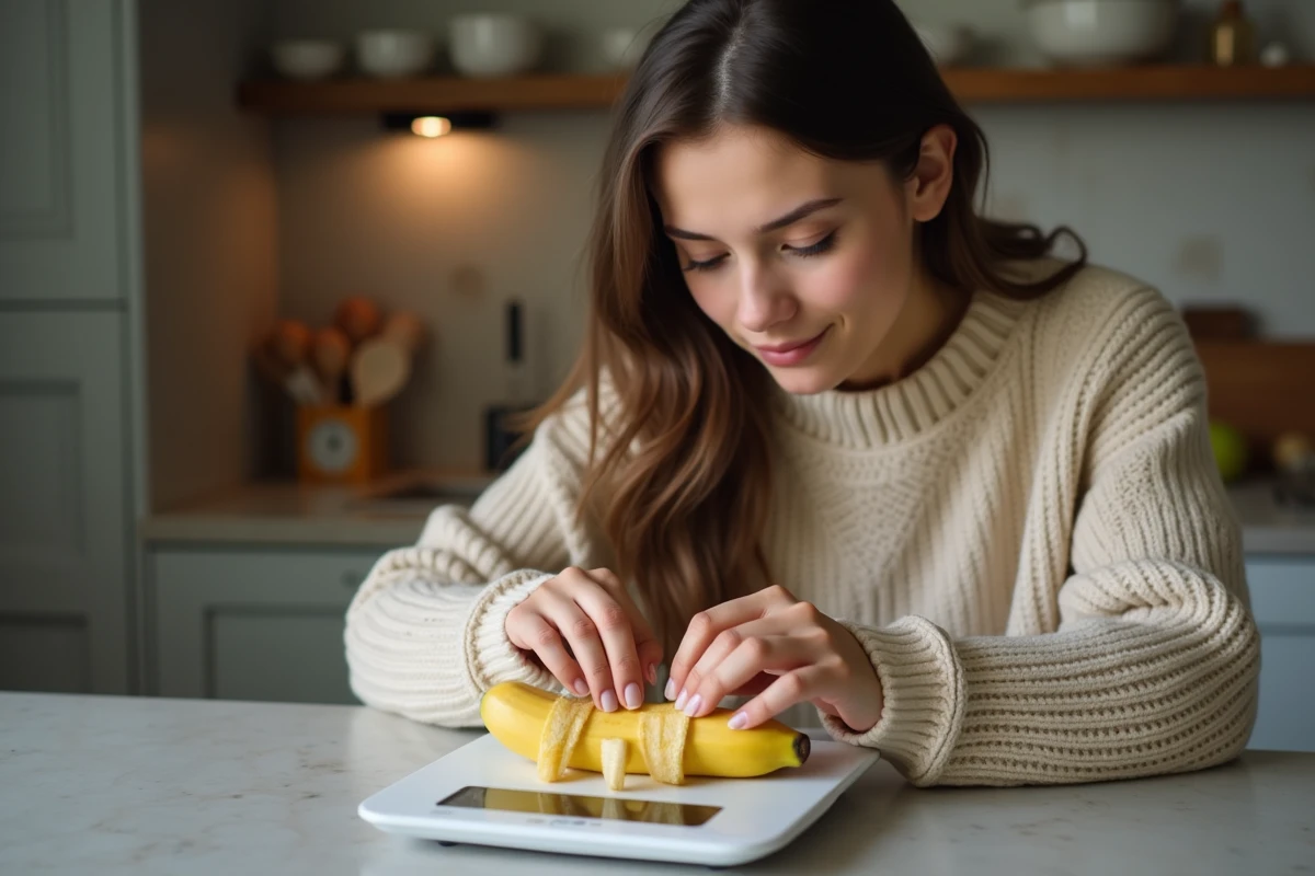 Jeune femme pèse une banane dans une cuisine moderne