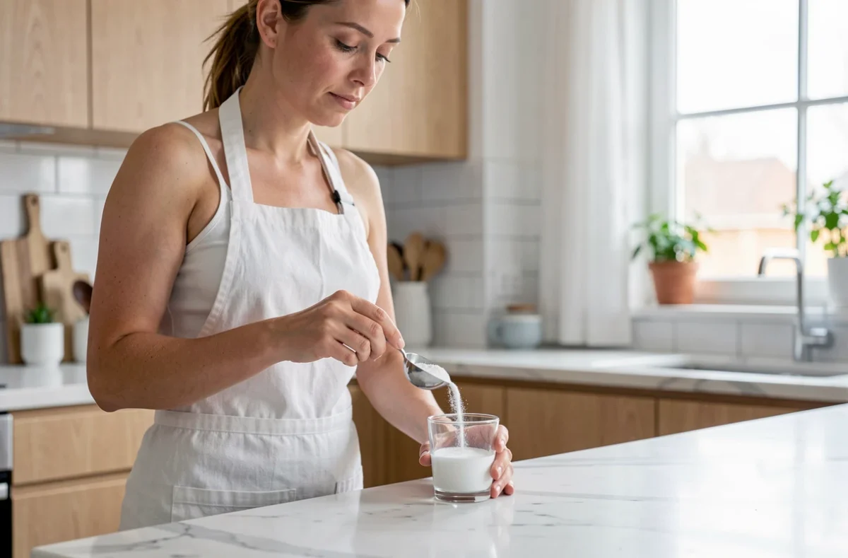Femme mesurant du bicarbonate de soude dans un verre d'eau dans une cuisine moderne scandinave