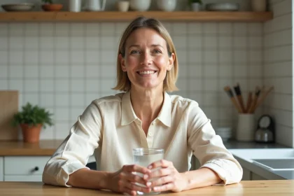 Femme buvant un verre d'eau minérale à la table de sa cuisine pour soulager la constipation