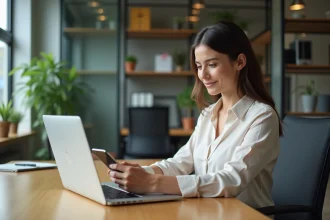 Femme en bureau moderne consultante son calendrier