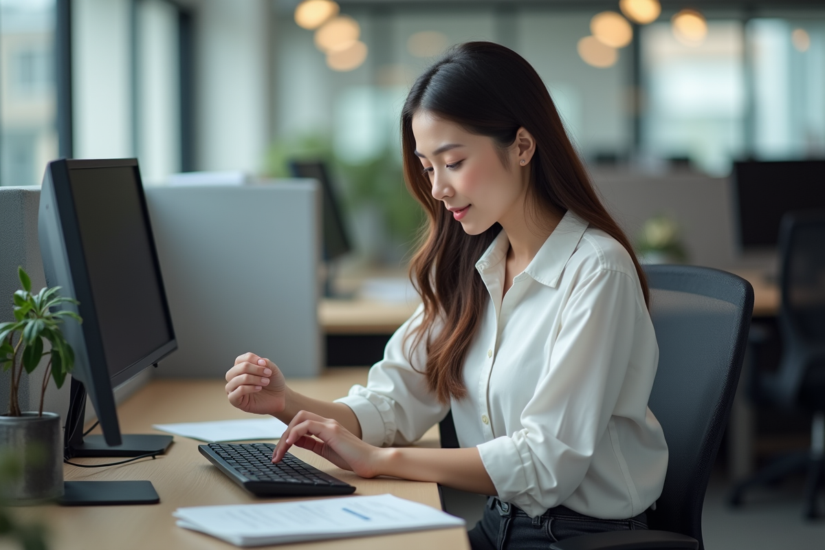 Jeune femme au bureau se reposant la main sur le poignet