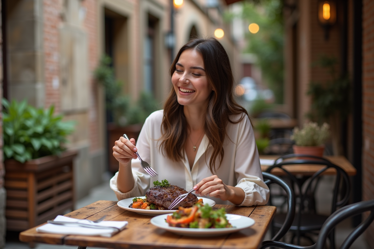 Jeune femme dégustant un steak grillé dans un café extérieur