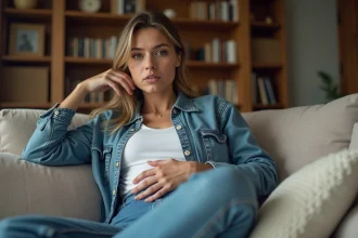 Femme assise sur un canapé dans un salon cocon avec souci