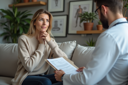 Femme réfléchie en consultation médicale dans un cabinet moderne