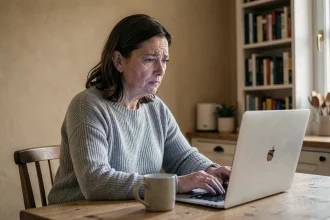 Une femme d'âge moyen consulte le portail famille Medisys sur un ordinateur portable dans une cuisine familiale chaleureuse