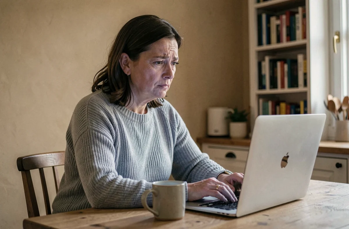 Une femme d'âge moyen consulte le portail famille Medisys sur un ordinateur portable dans une cuisine familiale chaleureuse
