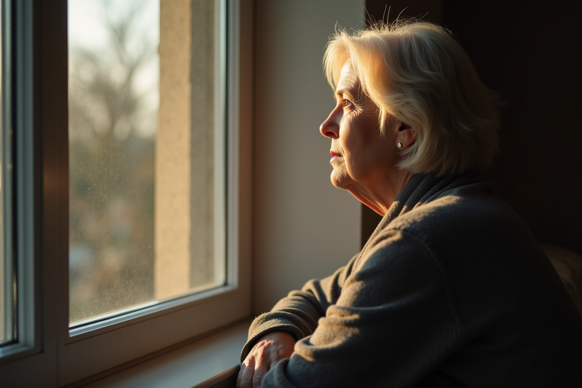 Femme contemplative assise près d'une fenêtre ensoleillée