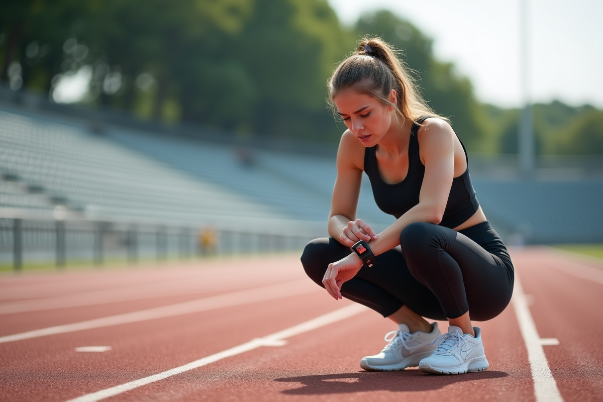 Jeune femme reprenant son souffle sur la piste de course