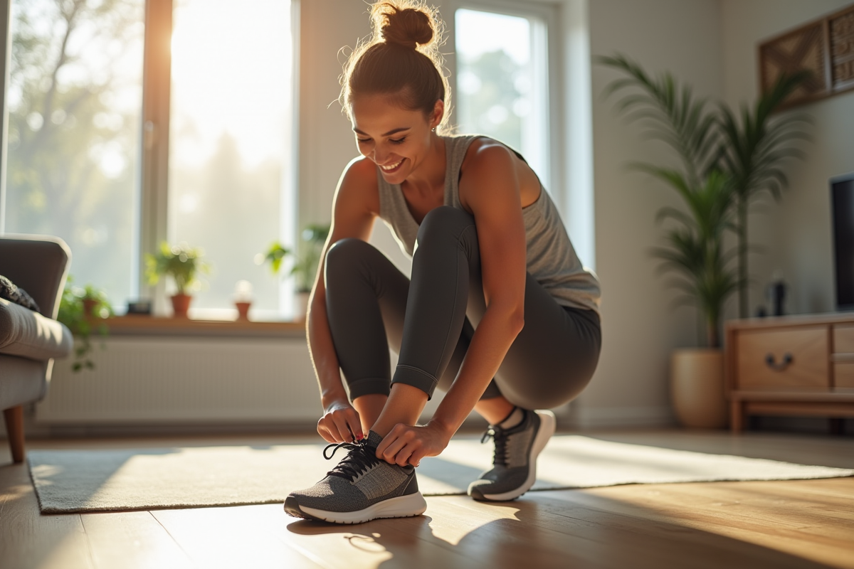 Femme souriante nouant ses chaussures de course dans un salon lumineux