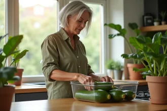 Femme en cuisine déposant des courgettes fraîches