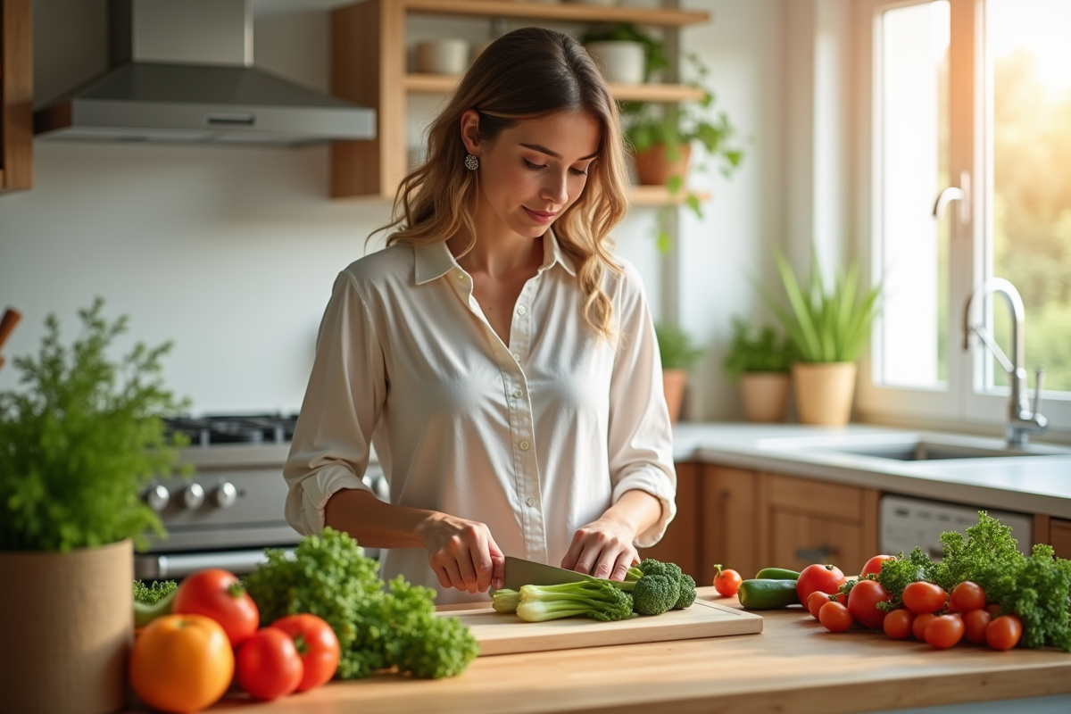 Femme en tenue décontractée préparant des légumes dans la cuisine
