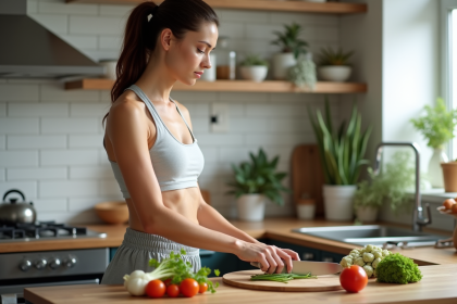 Femme sportive coupant des légumes dans une cuisine moderne