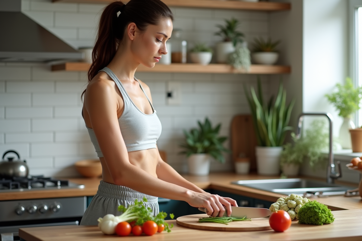 Femme sportive coupant des légumes dans une cuisine moderne