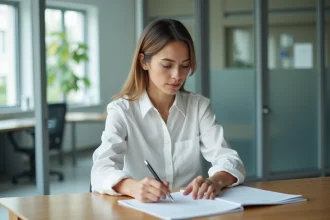 Femme en blouse blanche examine résultats médicaux dans un cabinet