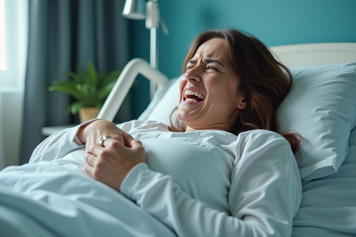 Femme en douleur dans un lit d'hôpital avec lumière naturelle