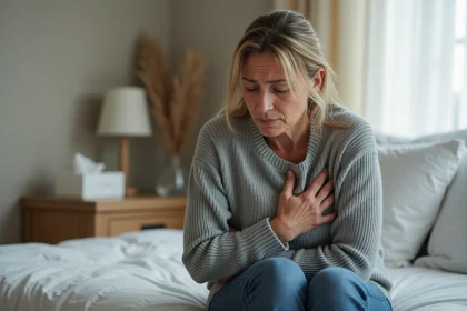 Femme d'âge moyen assise sur un lit se tenant le côté droit de la cage thoracique avec une expression de douleur, illustrant la douleur intercostale après une toux ou bronchite
