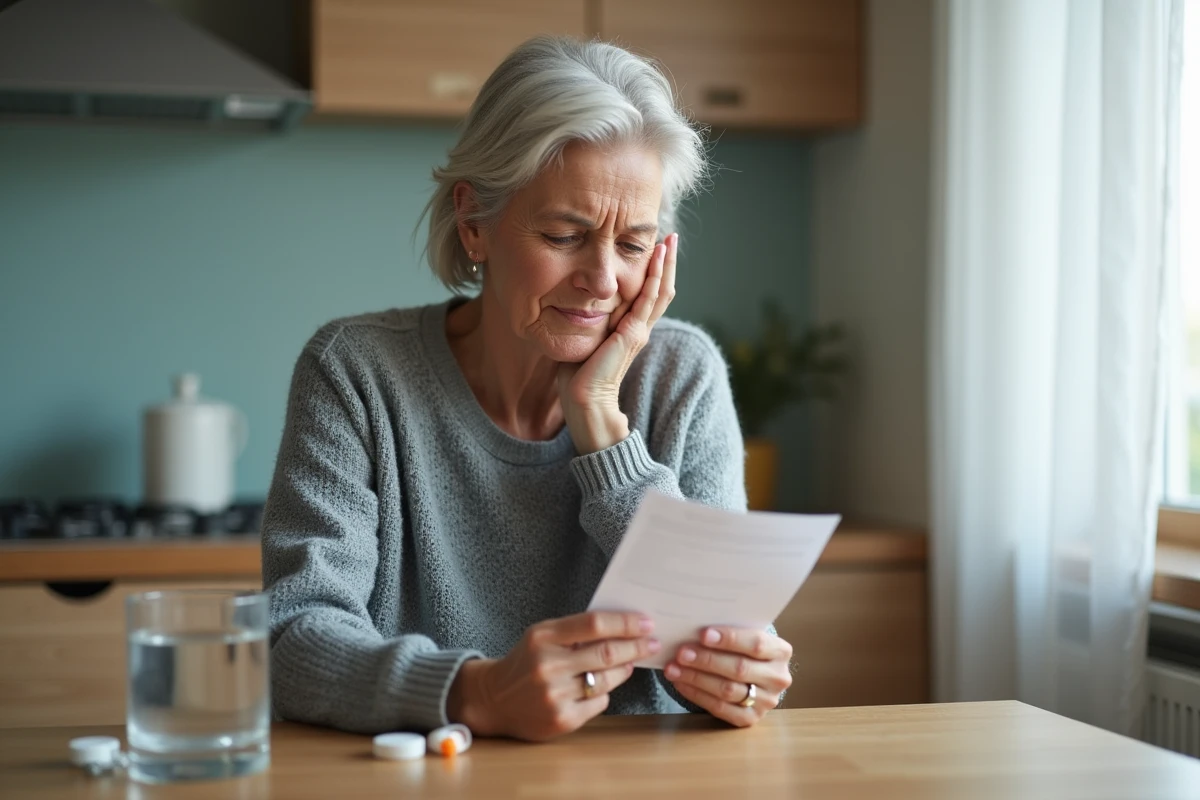 Femme d'une cinquantaine d'années lisant une notice de médicaments analgésiques à table, avec de l'ibuprofène et du tramadol devant elle
